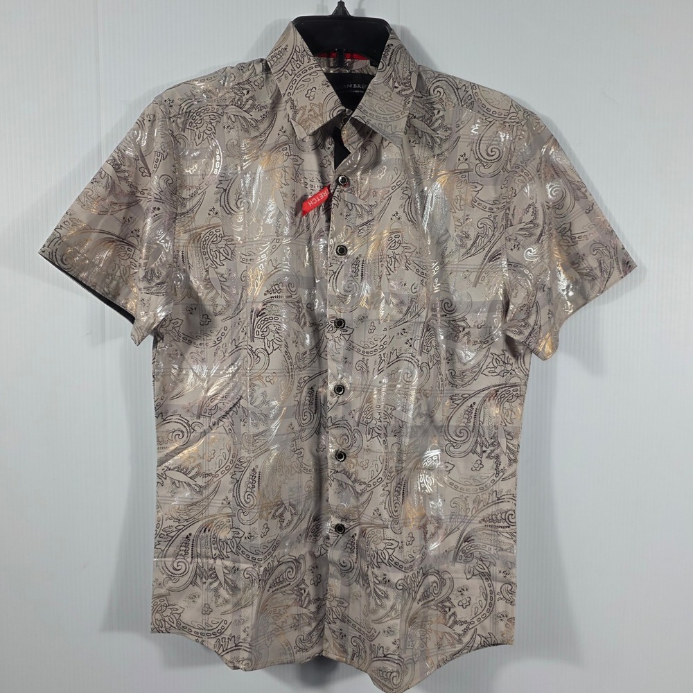 American Breed Mens Smart Shirt Short Sleeve Metallic Paisley Beige Gold Small - Picture 3 of 10